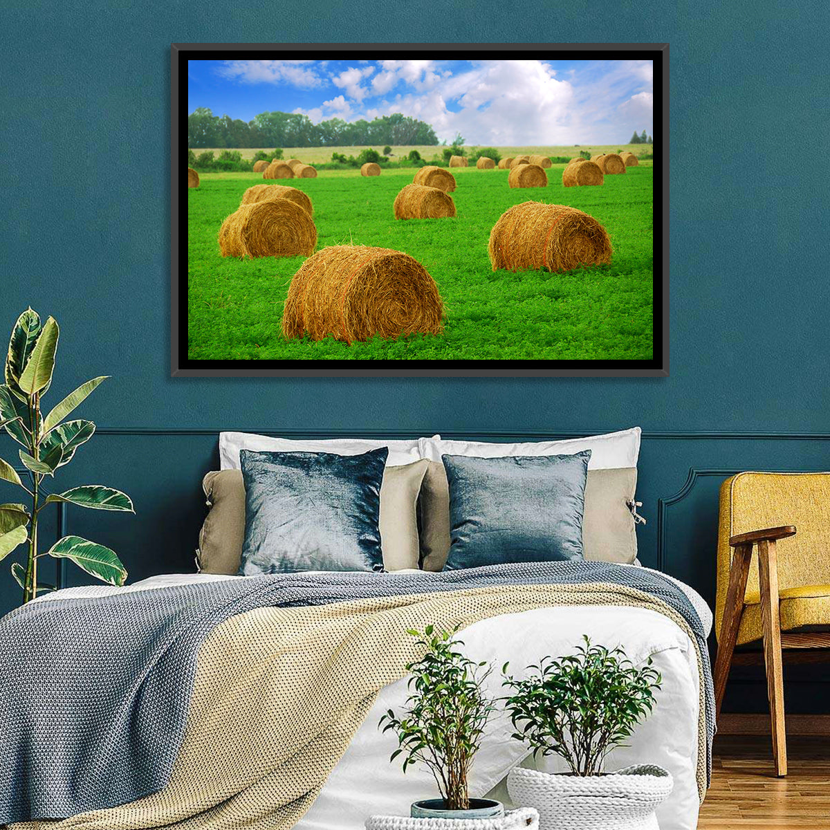 Golden Hay Bales in Green Field Wall Art