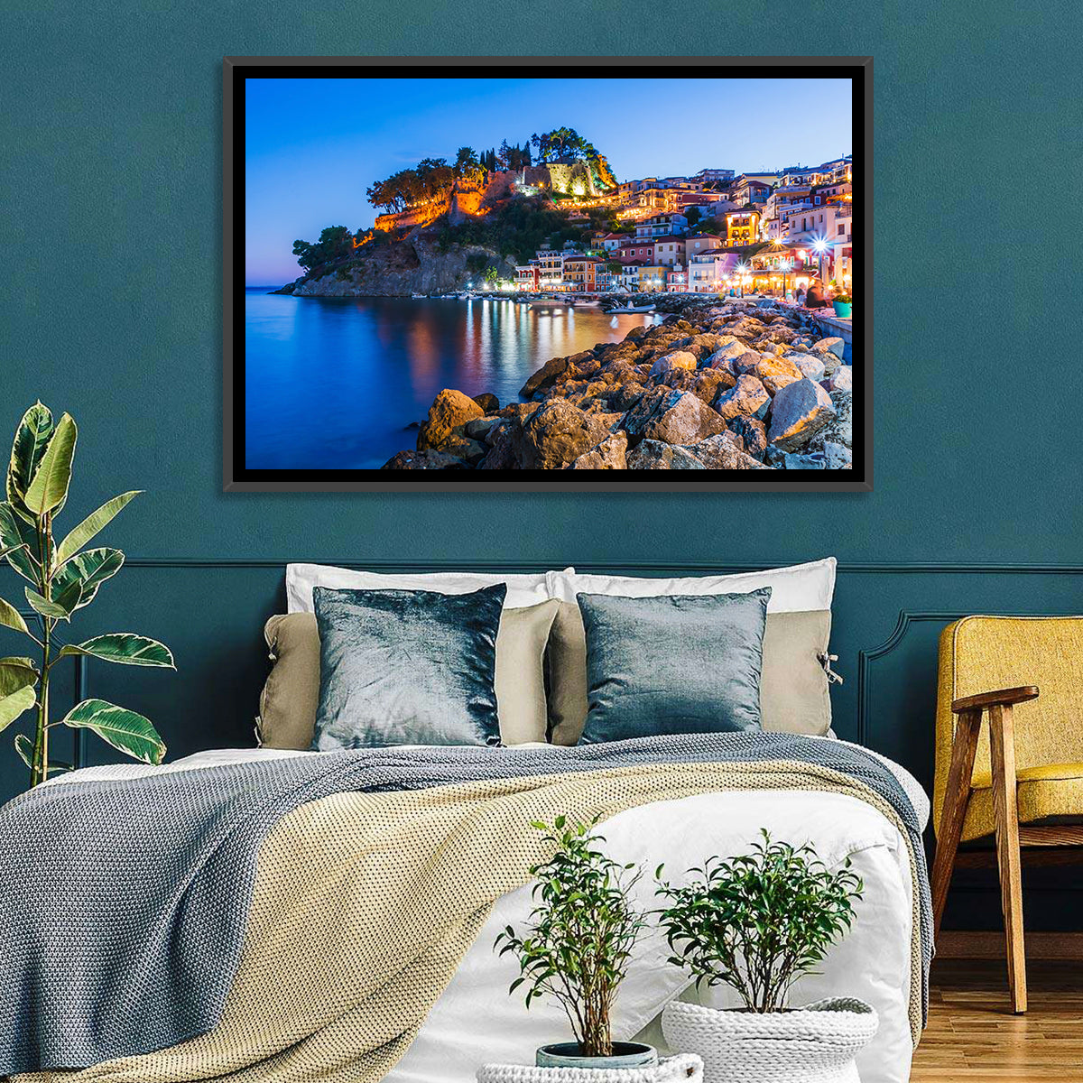 Parga Harbor at Dusk Wall Art in a room, landscape