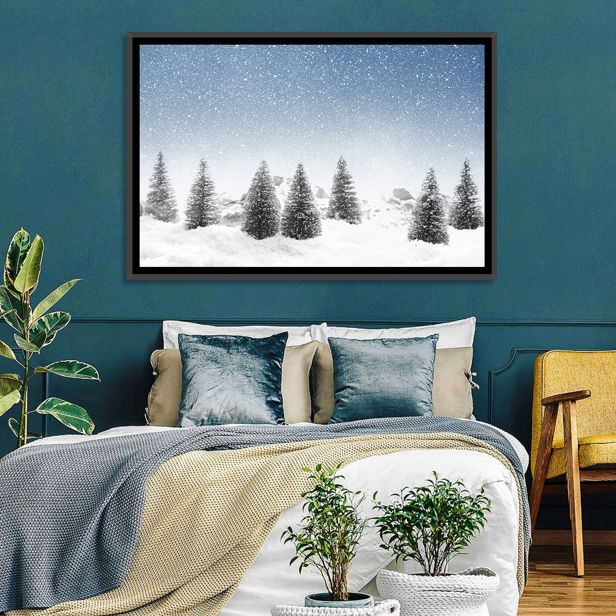 Winter Pine Trees Landscape Wall Art in a room, landscape