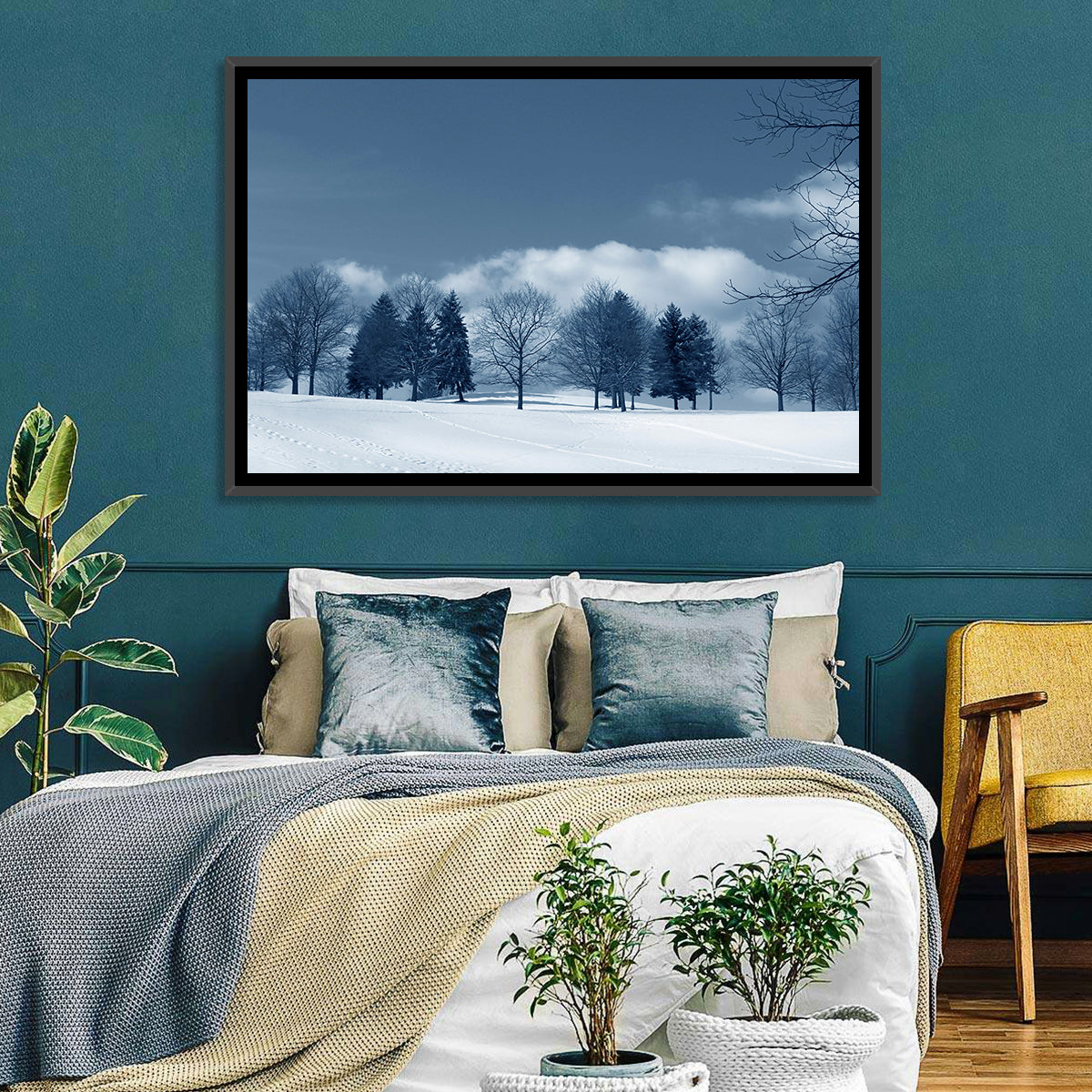 Snowy Field with Tracks Wall Art in a room, landscape
