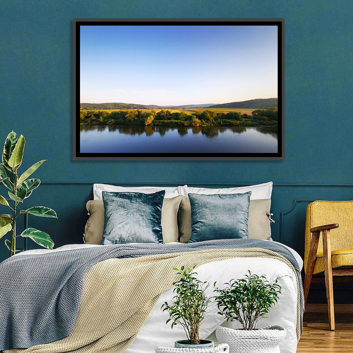 Peaceful River Sunset Wall Art in a room, landscape