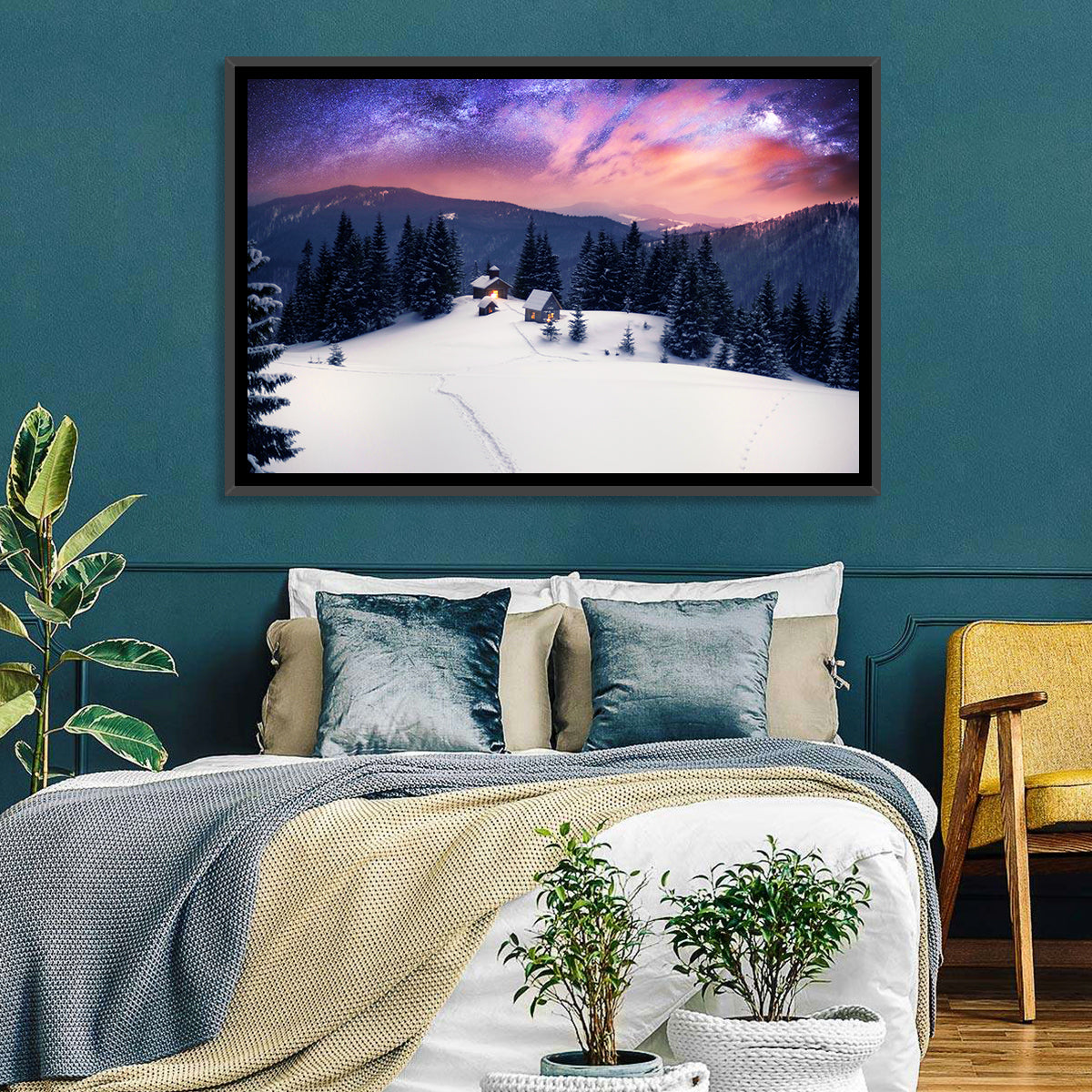 Starry Winter Cabins Under the Milky Way Wall Art in a room, landscape