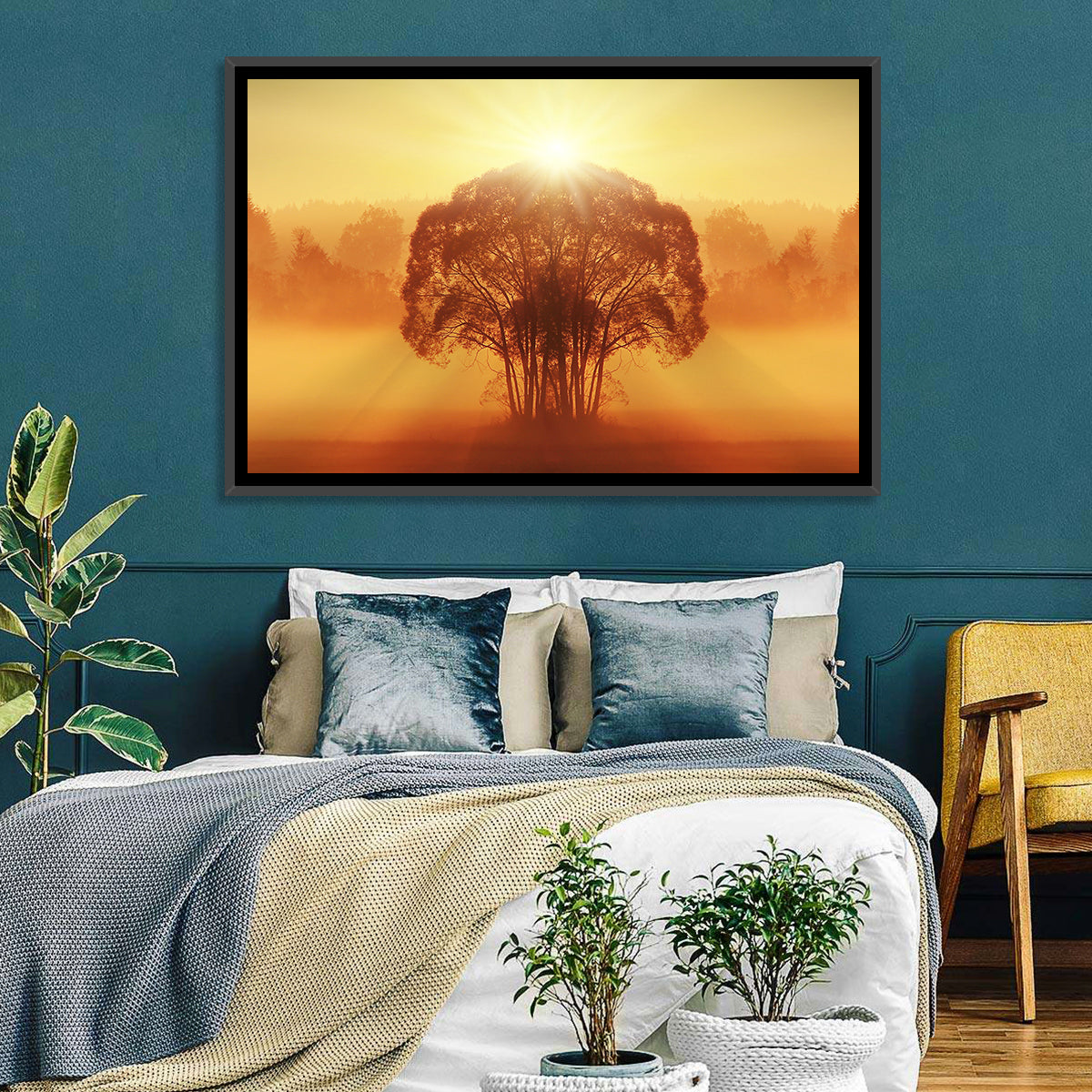 Golden Haze Tree at Sunset Wall Art in a room, landscape
