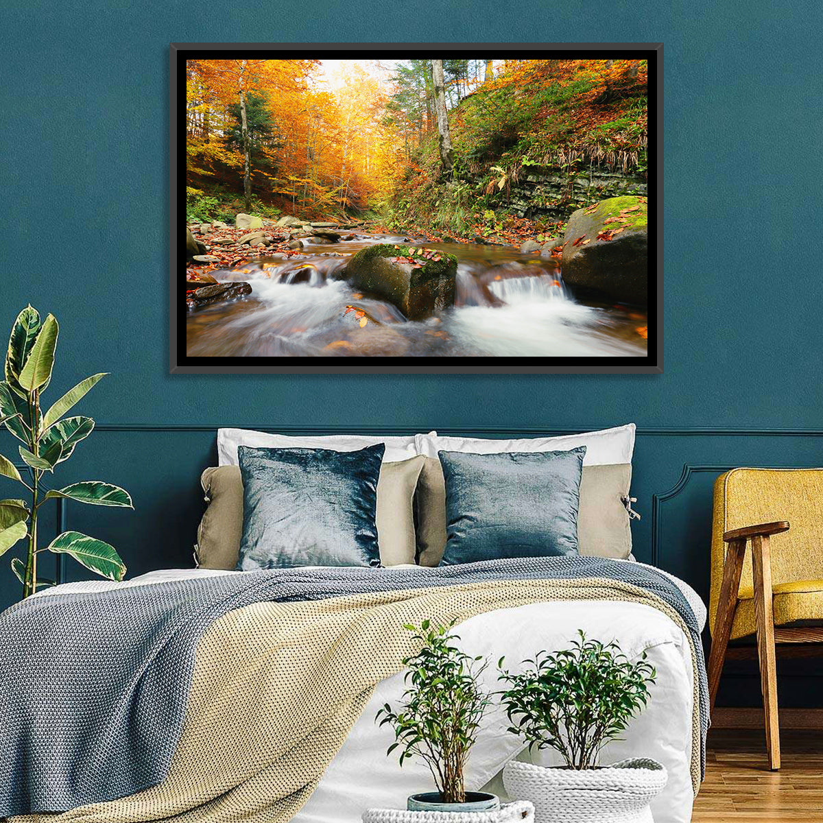 Forest Stream in Autumn Wall Art in a room, landscape