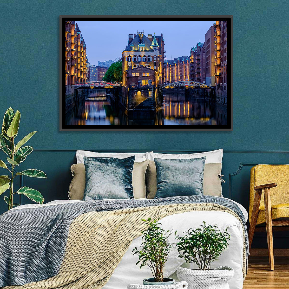 Wasserschloss Blue Hour Reflections Wall Art in a room, landscape