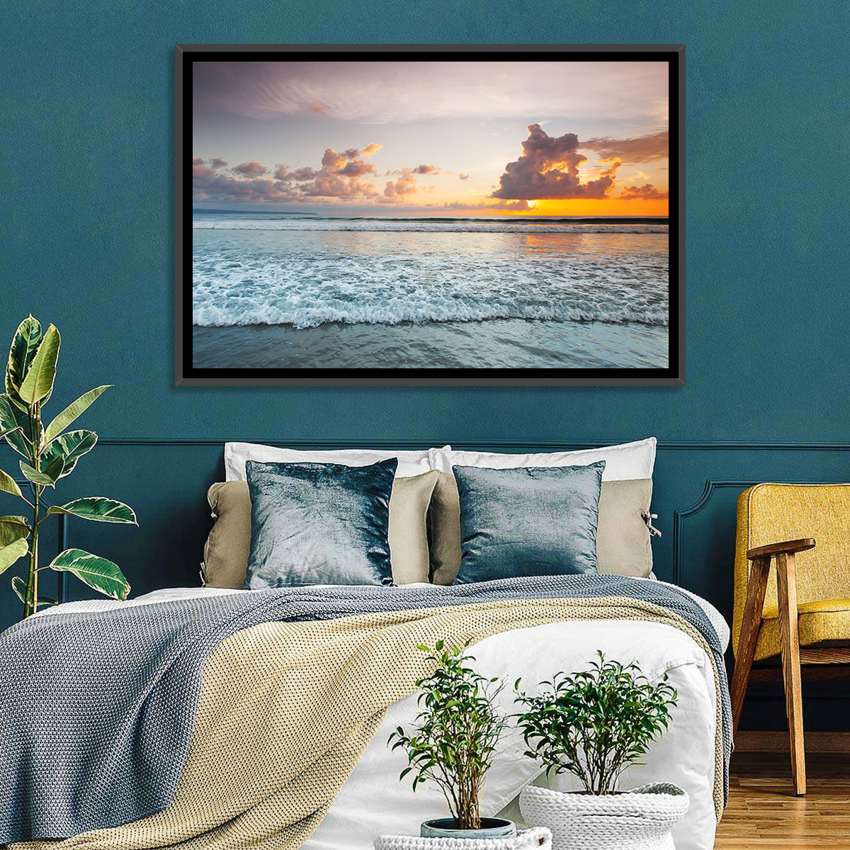 Golden Hour Beach Sunset Surf Wall Art in a room, landscape