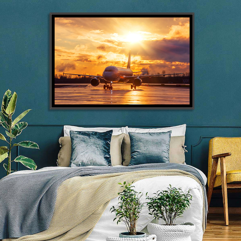 Golden Hour Airliner on Wet Runway Wall Art