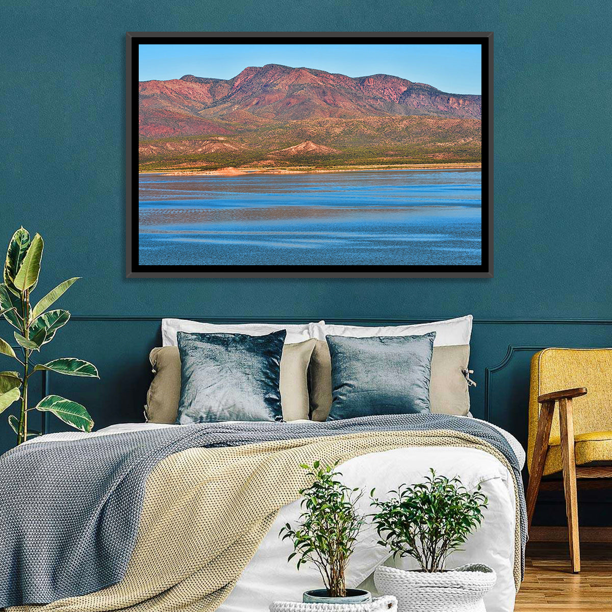Blue Roosevelt Lake Vista Wall Art in a room, landscape