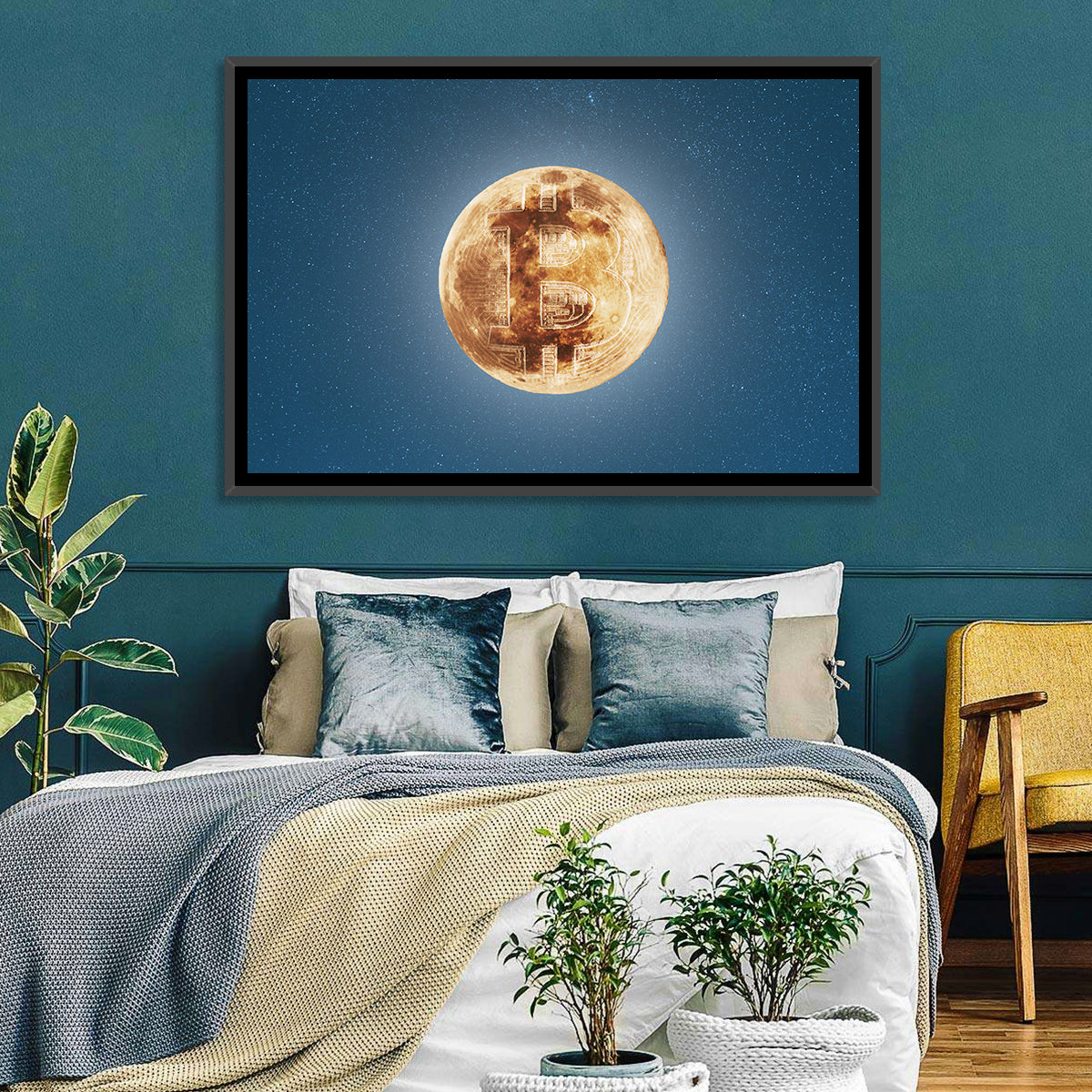 Bitcoin Circuit Moon Wall Art in a room, landscape
