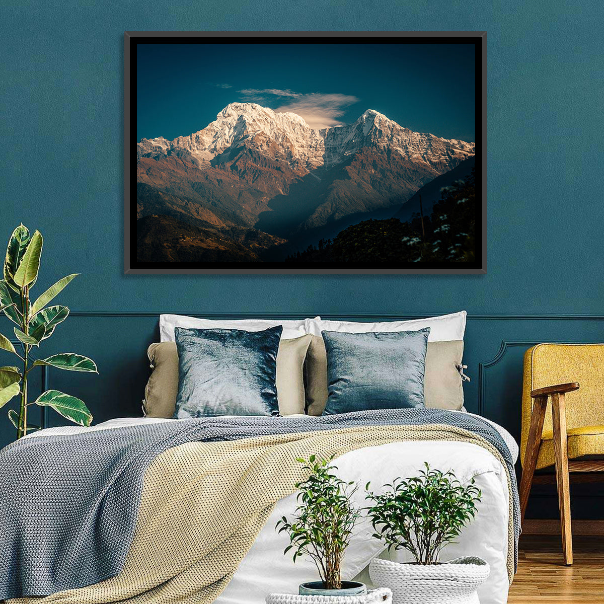 Annapurna South Summit with Wispy Clouds Wall Art in a room, landscape