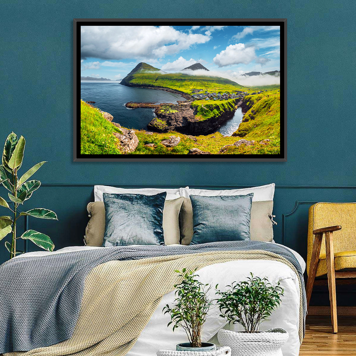 Gjógv Harbor Coastal Village Wall Art in a room, landscape