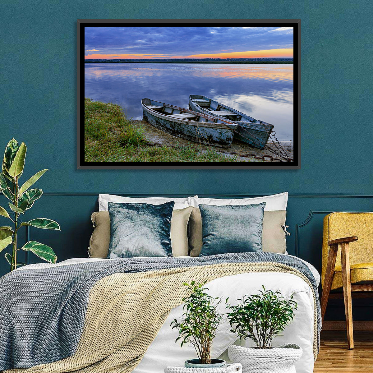 Chained Rowboats at Dusk Wall Art in a room, landscape