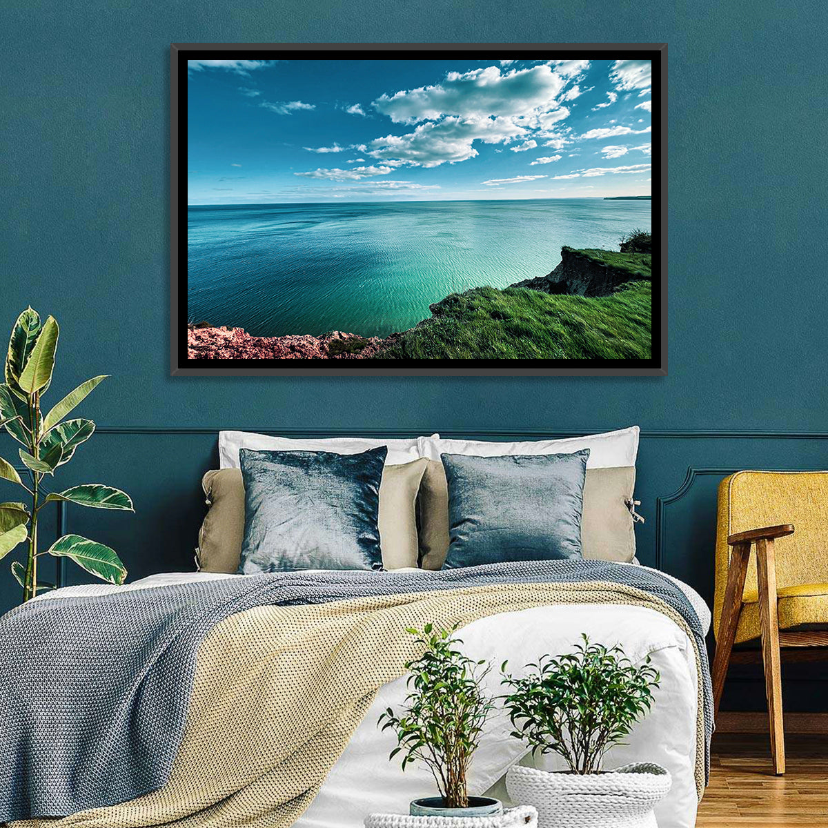 Coastal Cliffs Above a Turquoise Sea Wall Art in a room, landscape