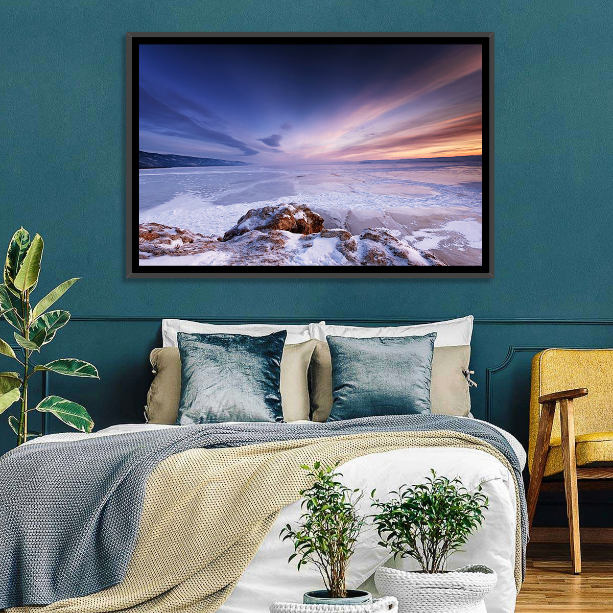 Frozen Lake Ice and Sunset Sky Wall Art in a room, landscape