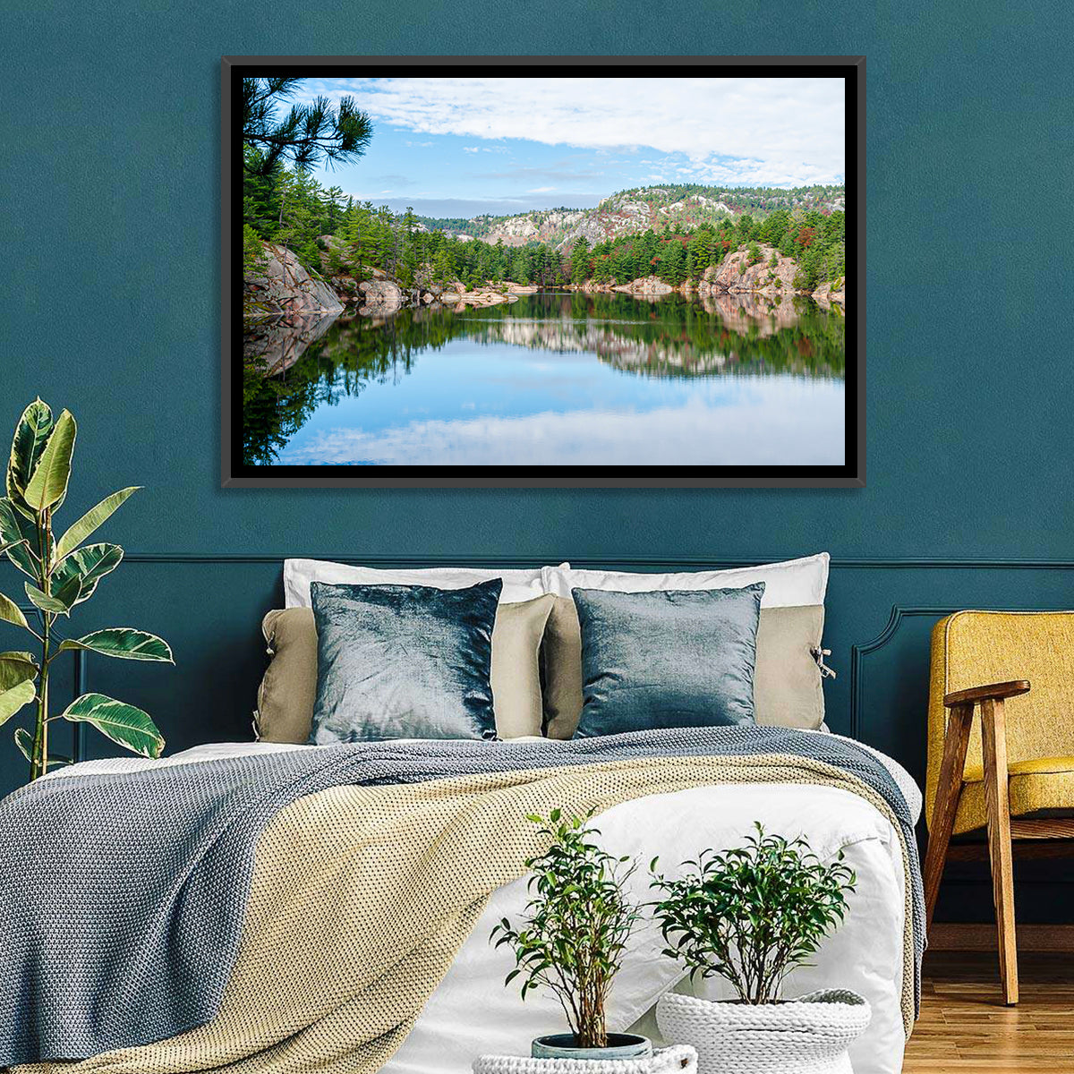 Mirror-quiet Lake and Pines Wall Art in a room, landscape