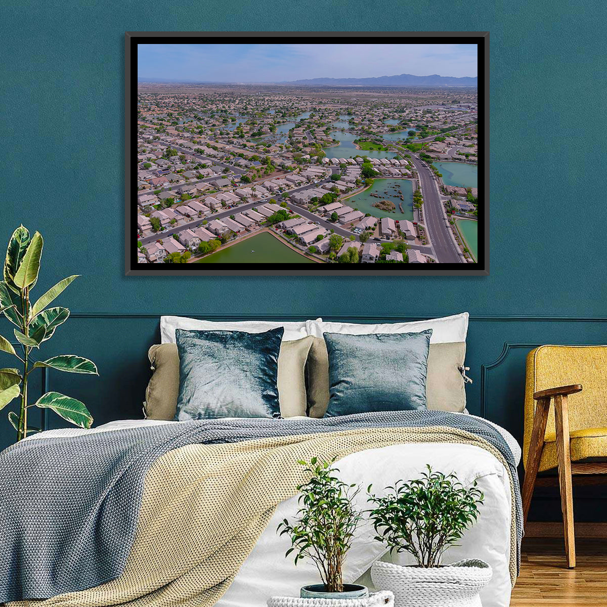 Aerial Desert Suburb with Lakes Wall Art in a room, landscape