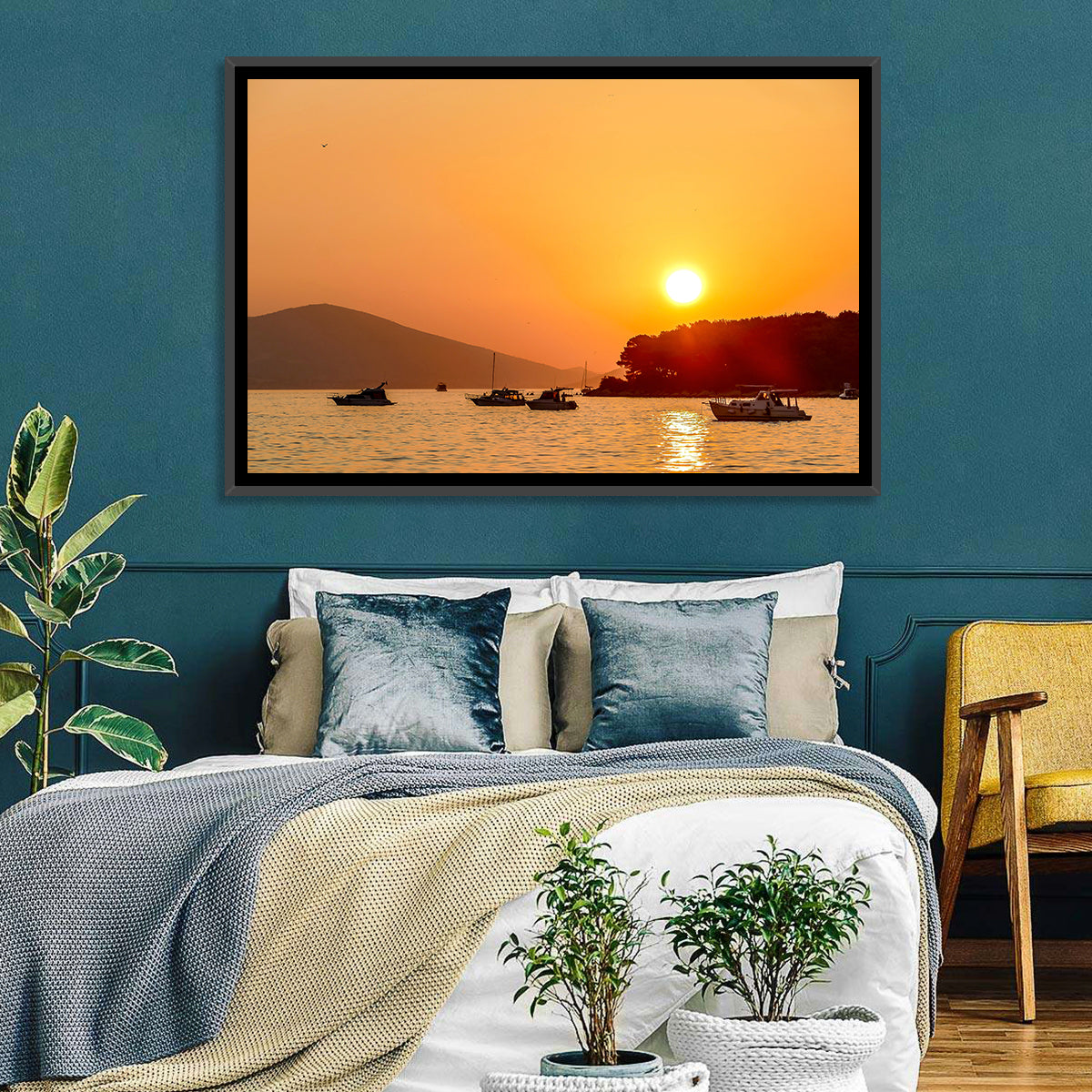 Golden Harbor Sunset Wall Art in a room, landscape