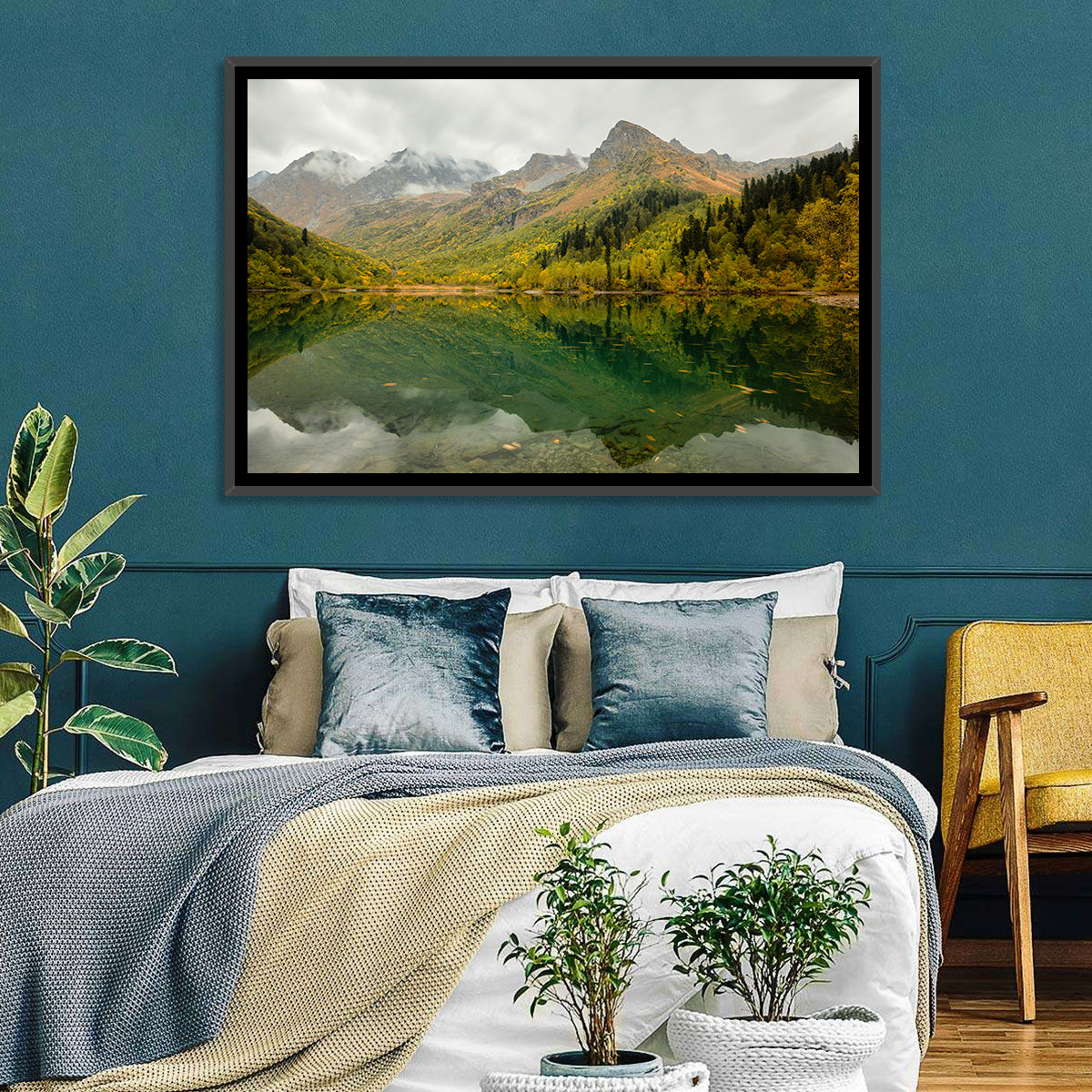 Kardyvach Lake Reflection Under Clouded Peaks Wall Art in a room, landscape