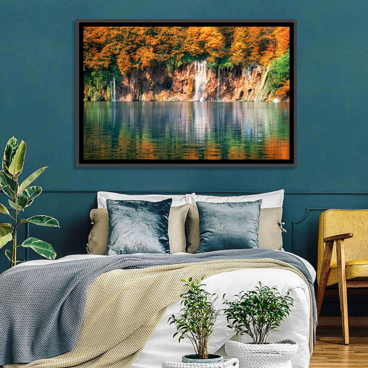 Autumn Reflections at Plitvice Lakes Wall Art in a room, landscape