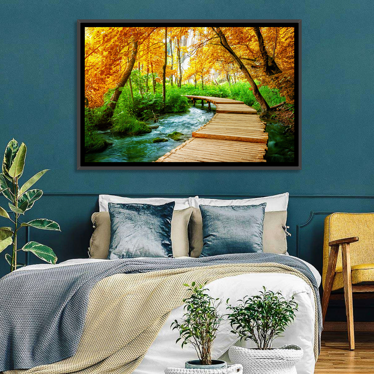 Plitvice Autumn Boardwalk Wall Art in a room, landscape