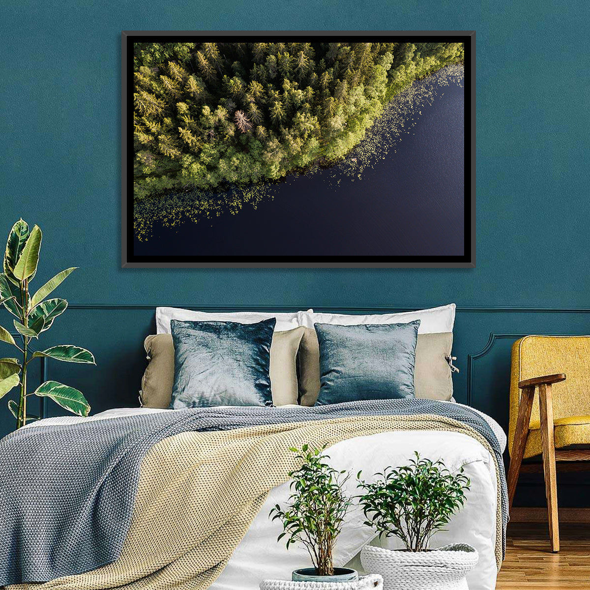Aerial Lake with Red Boat Wall Art in a room, landscape
