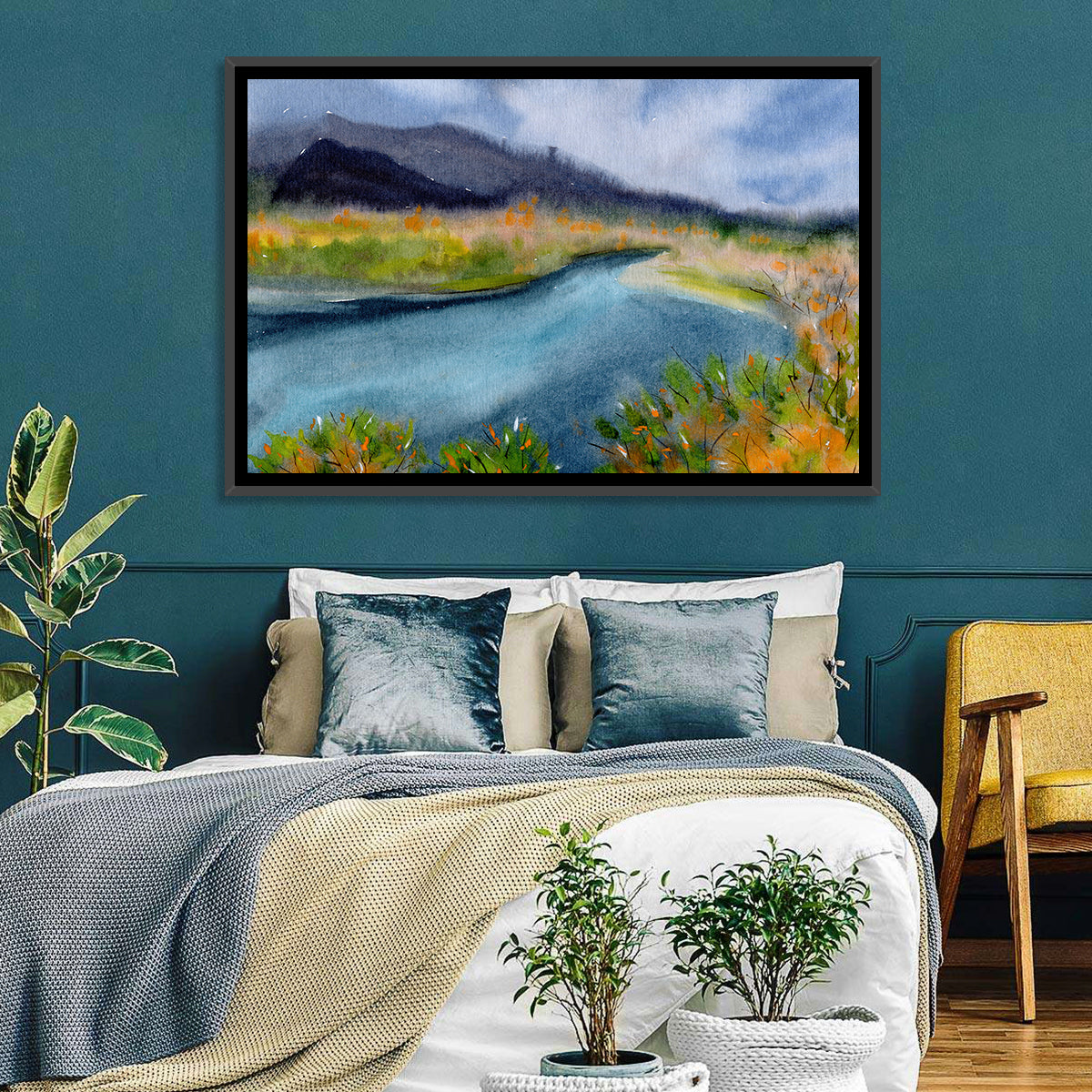 Misty Autumn River and Mountain Landscape Wall Art in a room, landscape