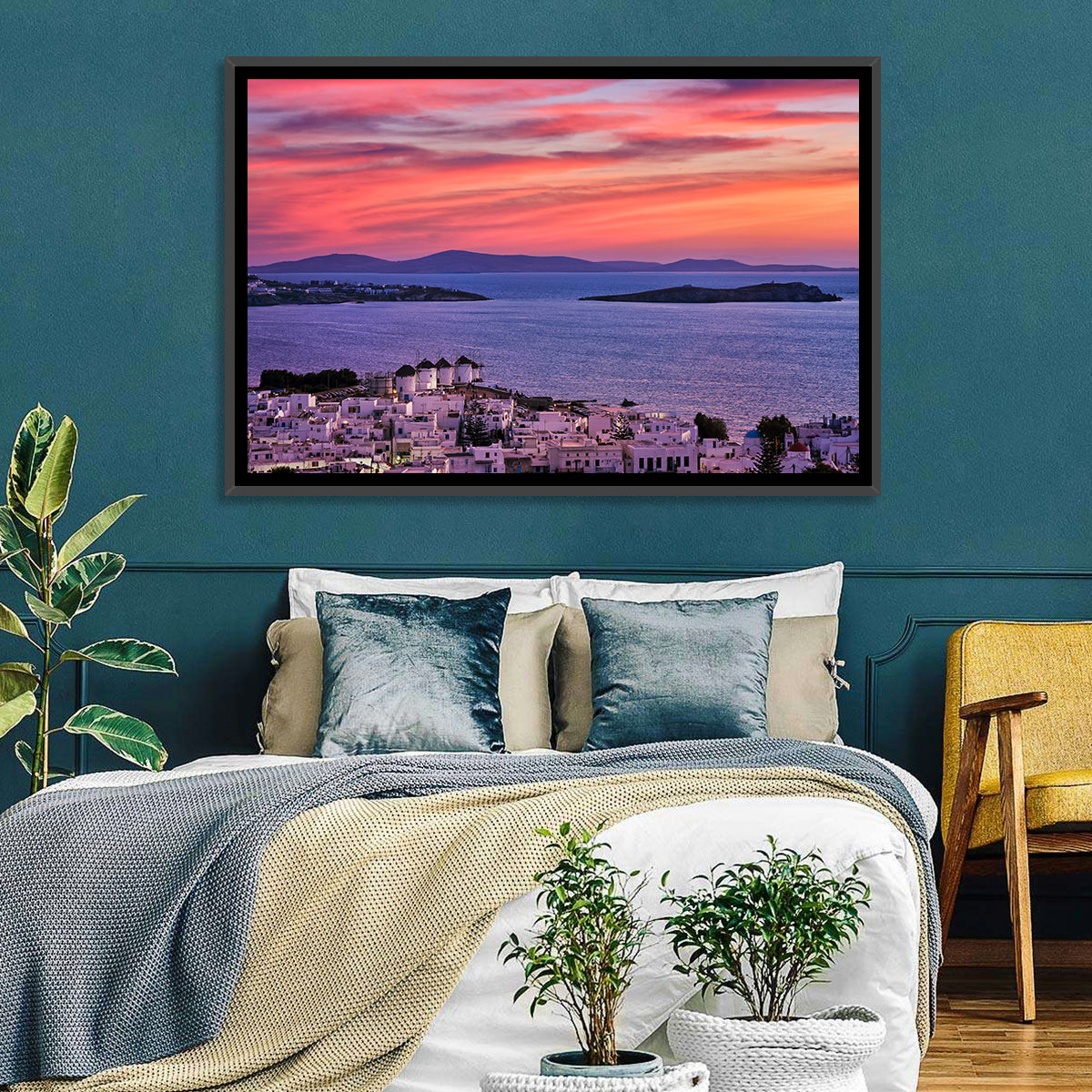 Mykonos Windmills at Sunset Wall Art in a room, landscape