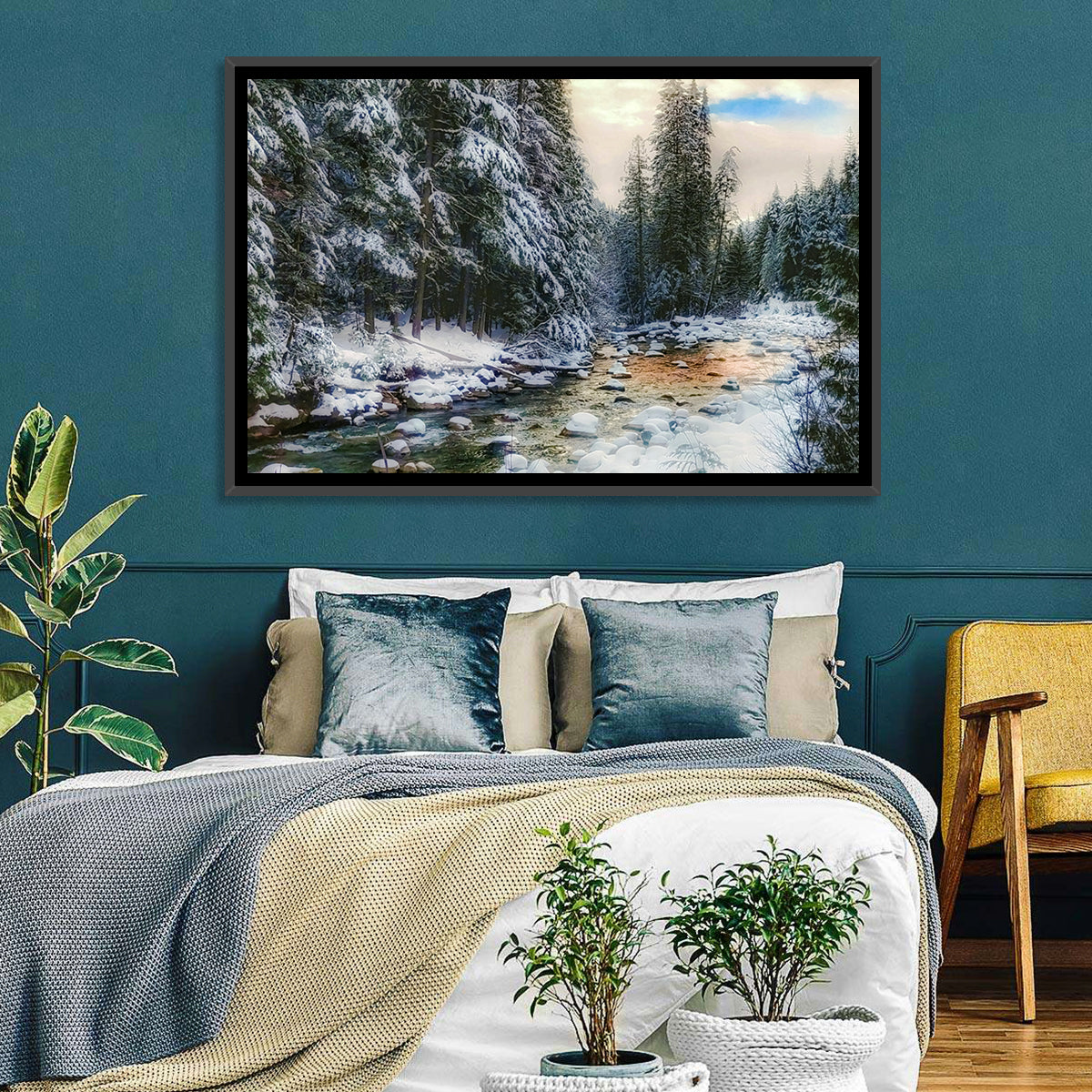Winter Creek in Snowy Pines Wall Art in a room, landscape