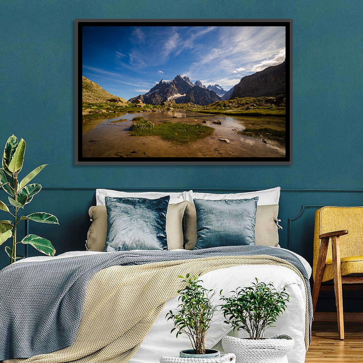 La Meije Alpine Lake and Stone Hut Wall Art in a room, landscape