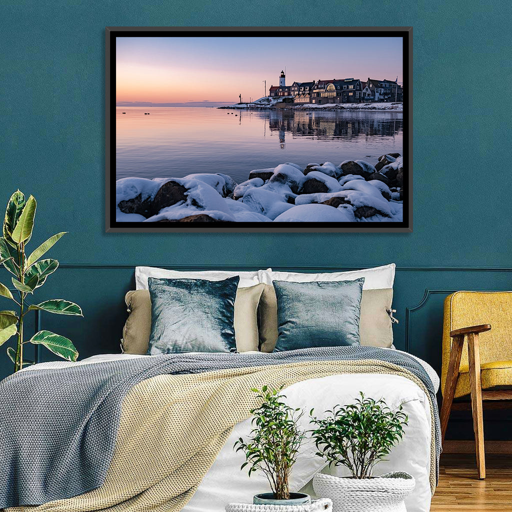 Urk Lighthouse Winter Twilight Harbor Wall Art