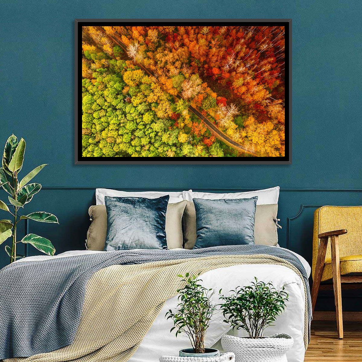 Winding Road Through Autumn Forest Wall Art in a room, landscape