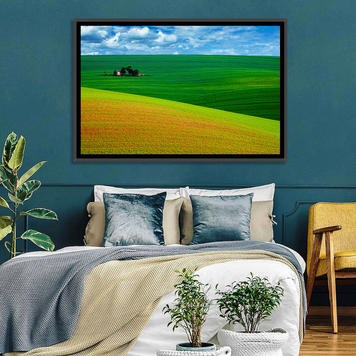 Golden Field and Green Hillside Wall Art in a room, landscape