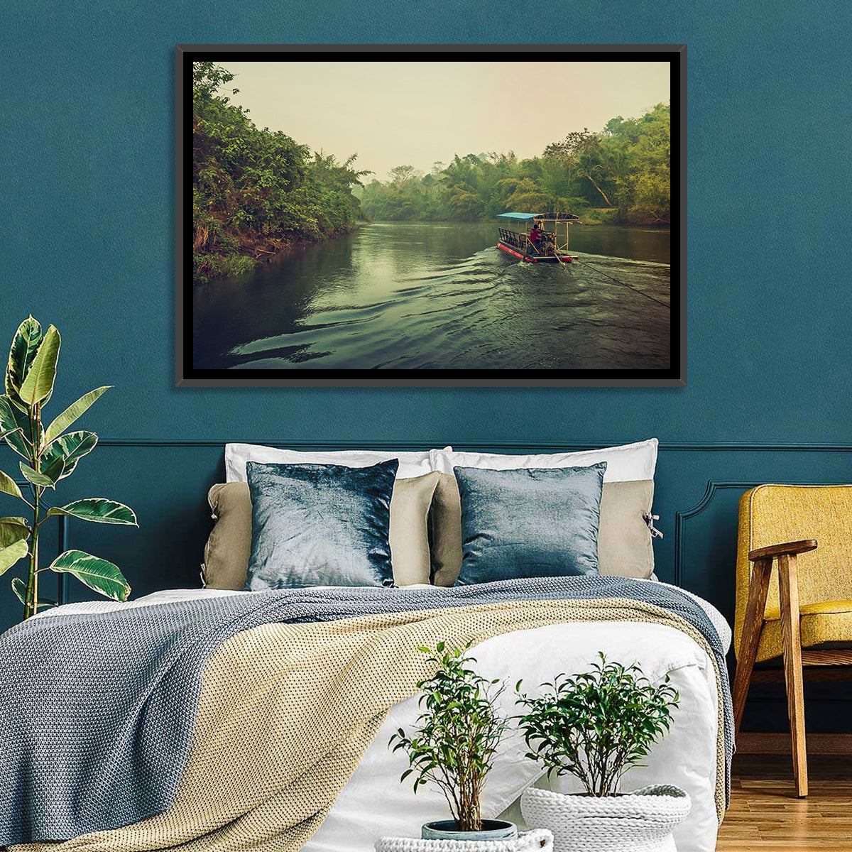 Misty Long-tail Boat on River Kwai Wall Art in a room, landscape