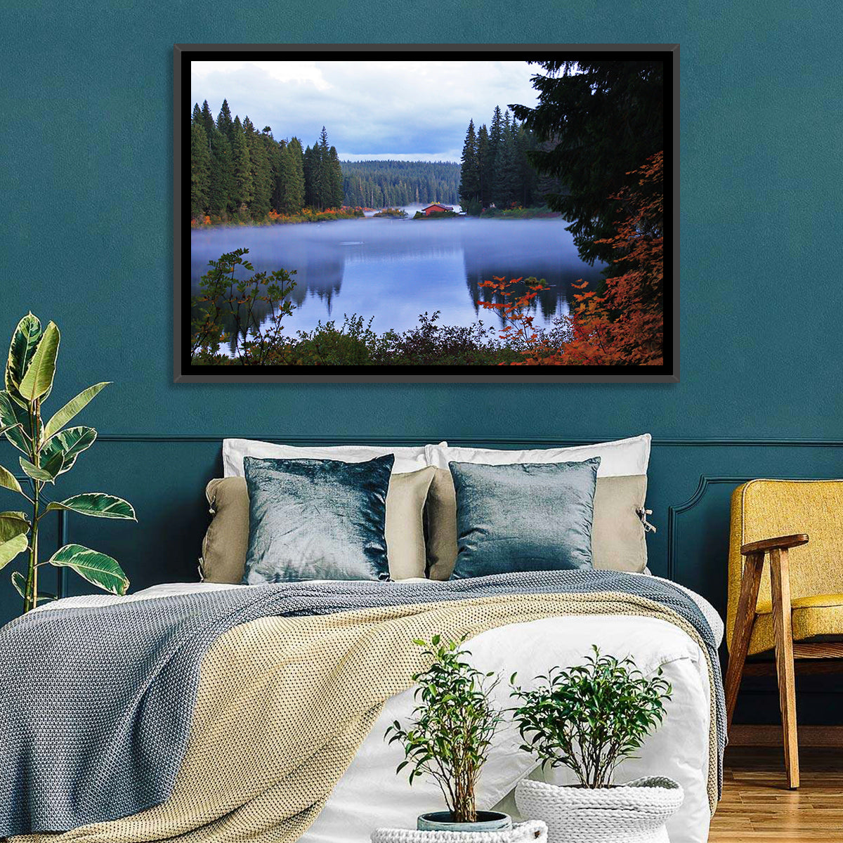 Lynn County Lake Cabin Reflection Wall Art in a room, landscape