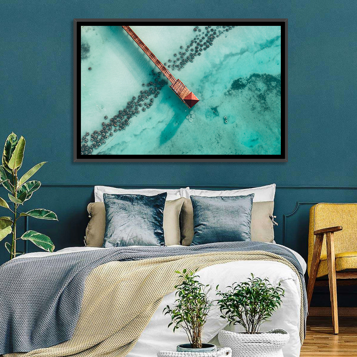 Aerial Red Pier Over Turquoise Water Wall Art in a room, landscape