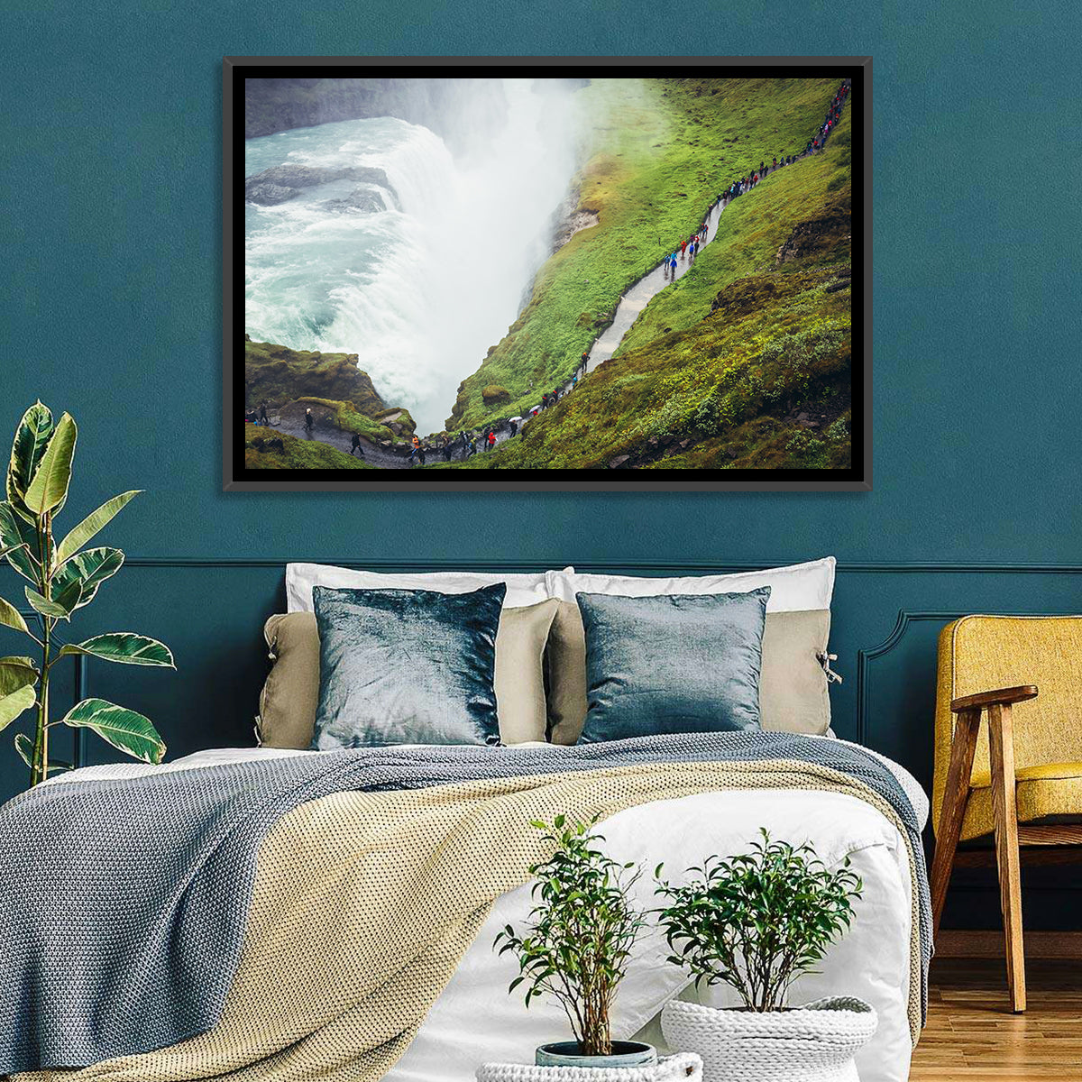 Misty Path at Gullfoss Waterfall Wall Art in a room, landscape