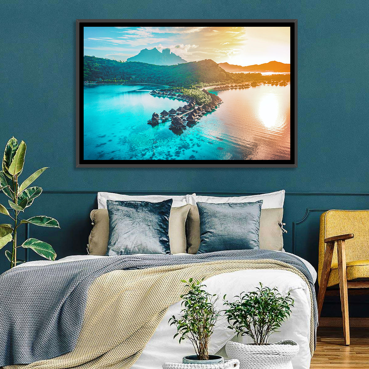 Bora Bora Overwater Bungalows Wall Art in a room, landscape