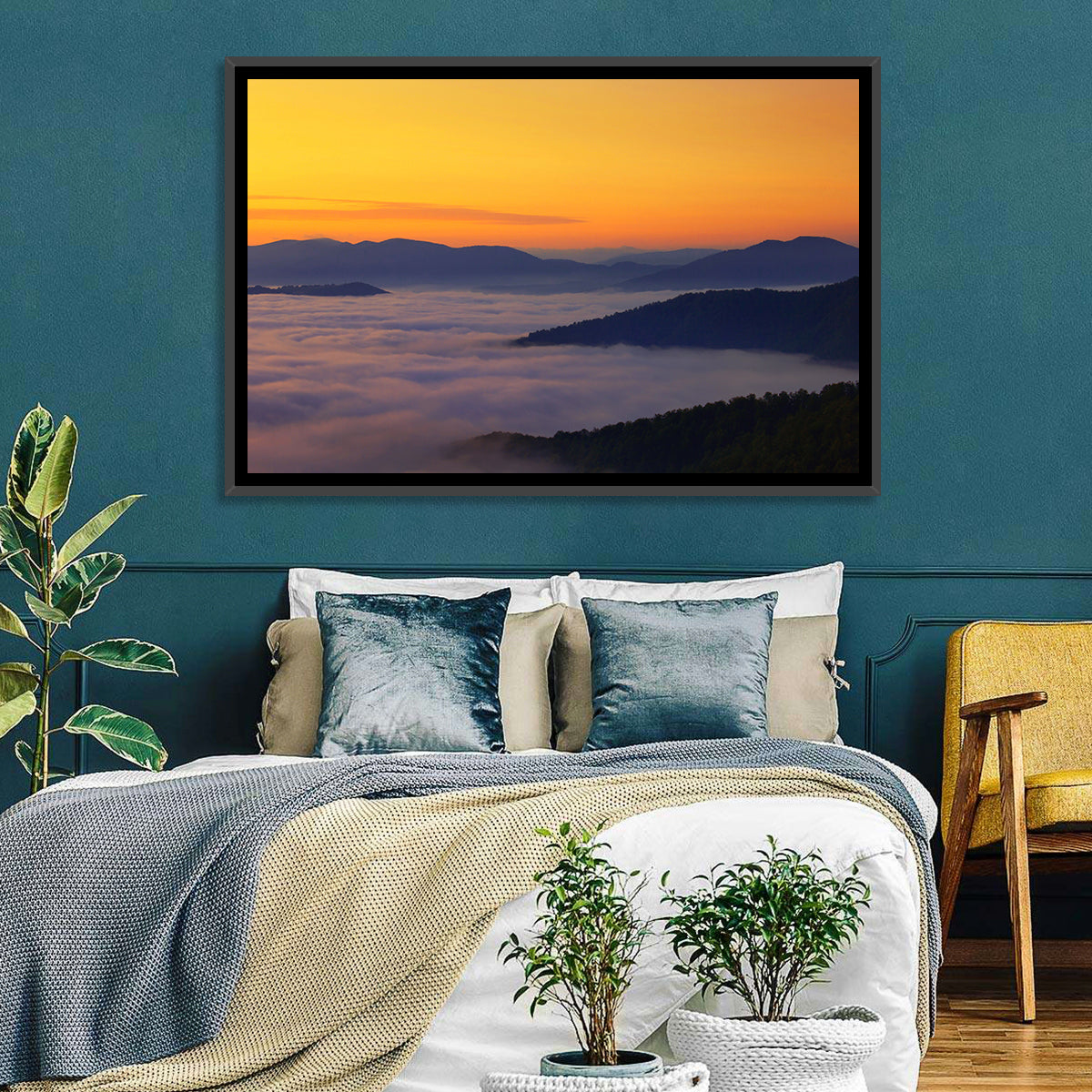 Cloud Sea Over Mountains at Golden Dawn Wall Art in a room, landscape