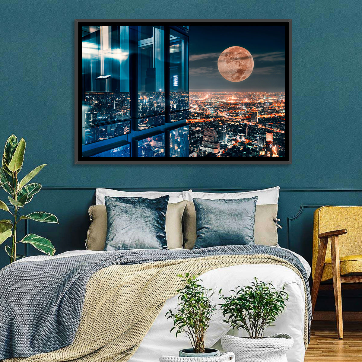 Bangkok Moonlit Skyline Wall Art in a room, landscape