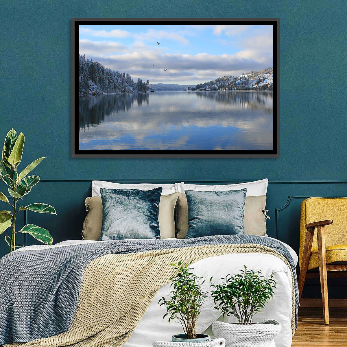 Coeur D Alene Winter Lake Reflection Wall Art in a room, landscape