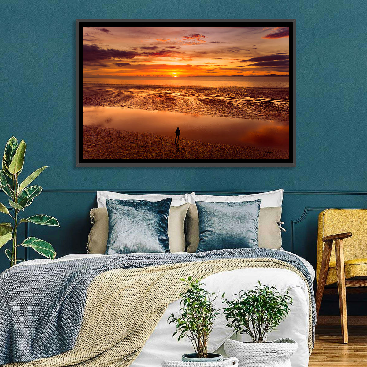 Solitary Figure on Sunset Shore Wall Art in a room, landscape