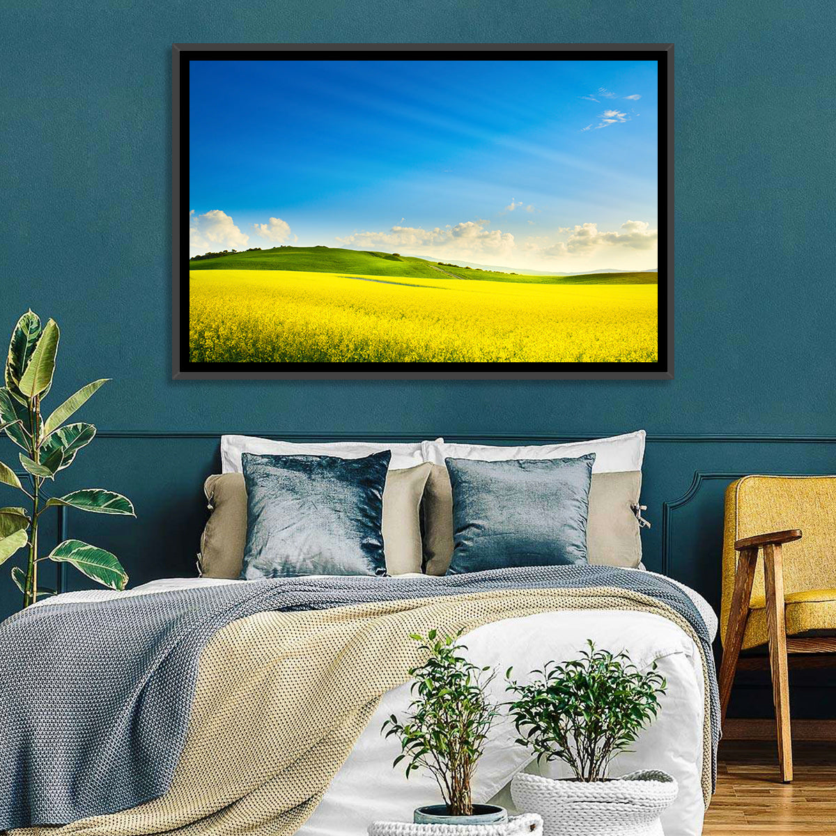 Rapeseed Field and Rolling Hills Under Blue Sky Wall Art in a room, landscape