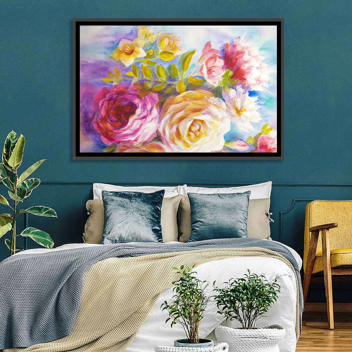 Painterly Peonies and Rose Bouquet Wall Art in a room, landscape