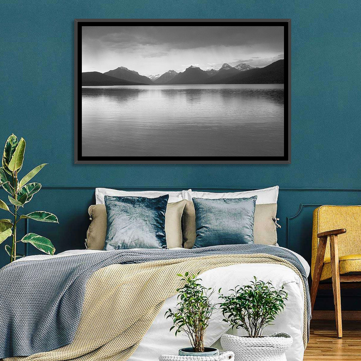 Lake Mcdonald Monochrome Reflection Wall Art in a room, landscape