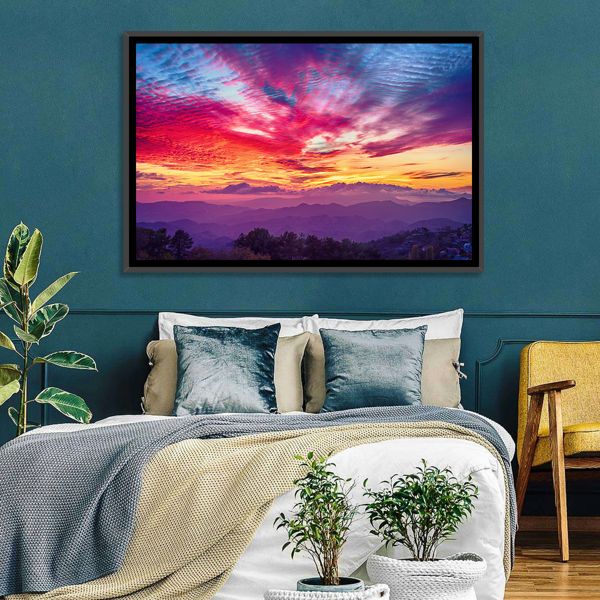 Golden Dusk Cloud Mountains Wall Art in a room, landscape