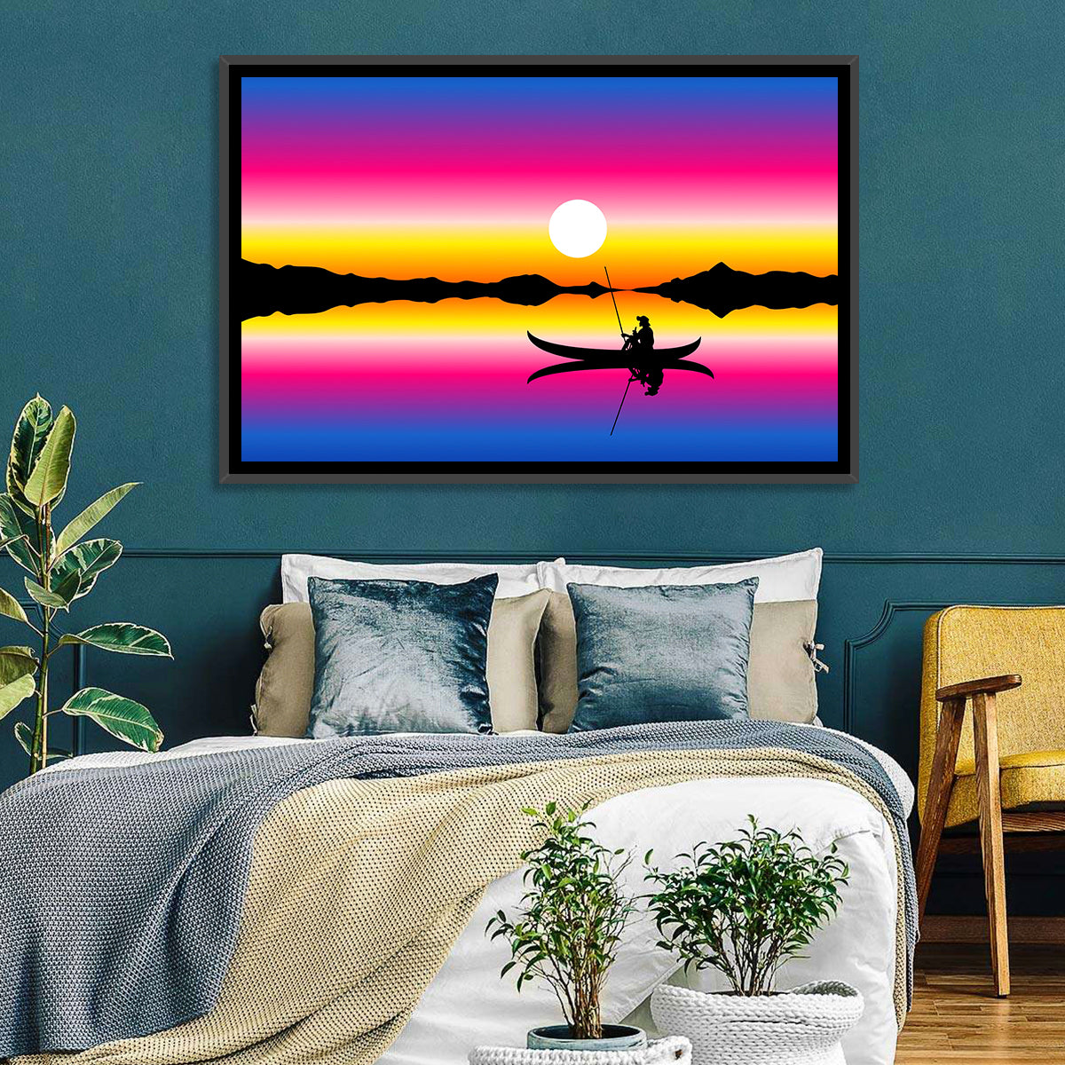 Fisherman Silhouette at Sunset Wall Art in a room, landscape