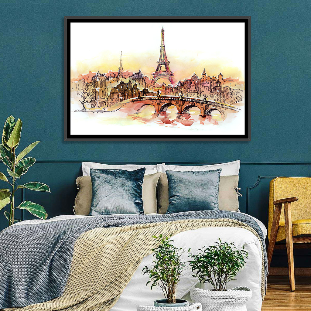 Eiffel Tower Watercolor at Dusk Wall Art