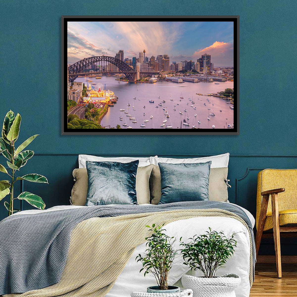 Sydney Harbour Bridge at Golden Twilight Wall Art in a room, landscape