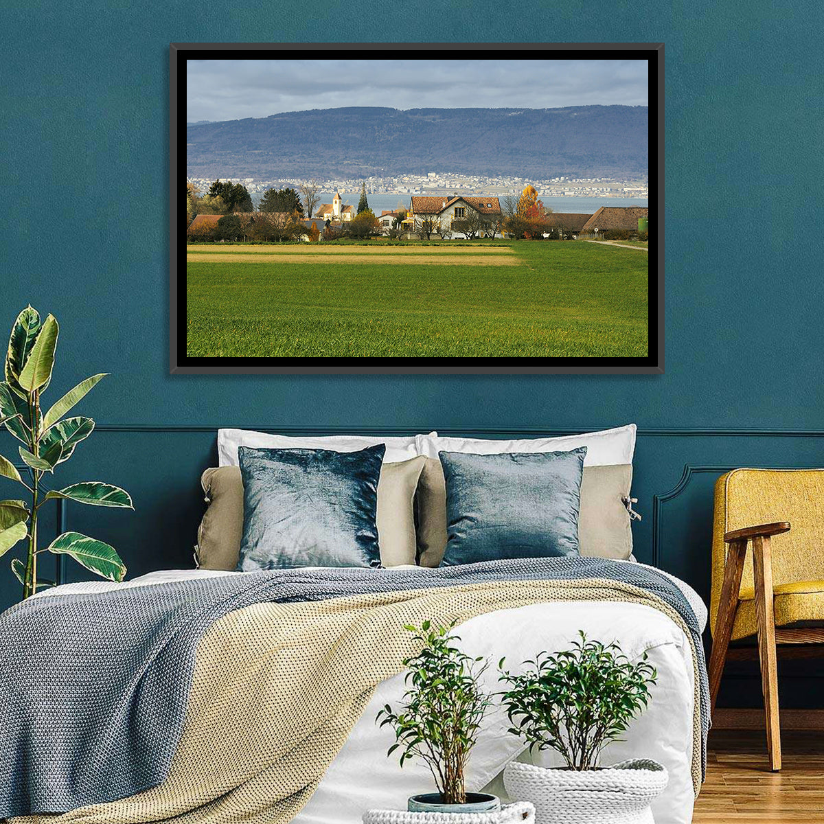 Lake Neuchatel Countryside View Wall Art in a room, landscape