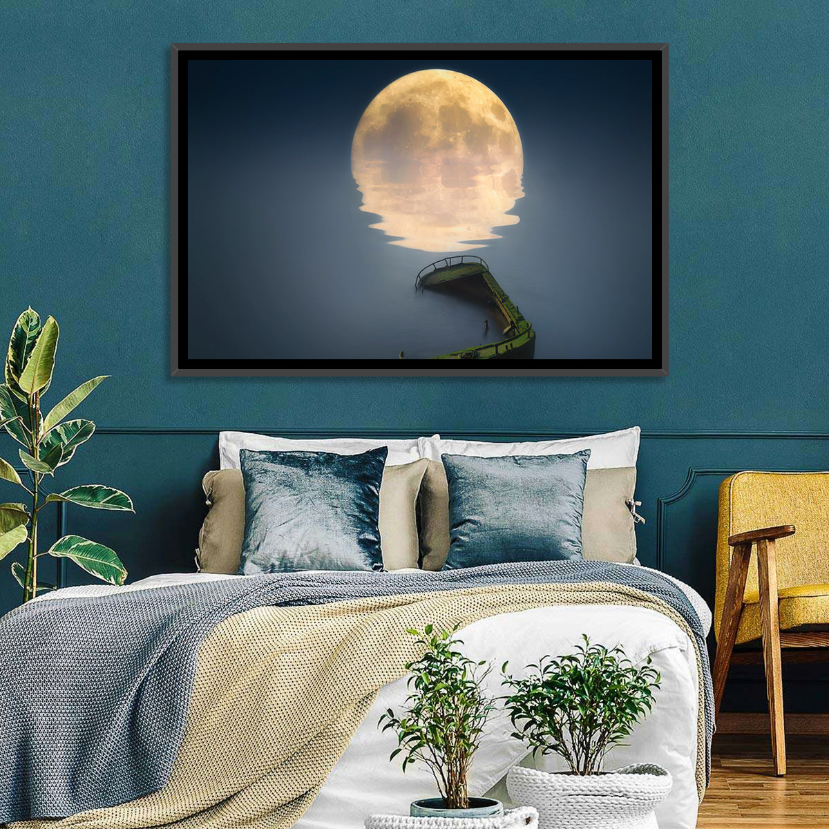 Moonlit Shipwreck Reflection Wall Art in a room, landscape